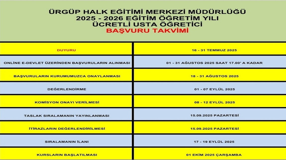 2025 - 2026 EĞİTİM ÖĞRETİM YILI USTA ÖĞRETİCİ BAŞVURU TAKVİMİ